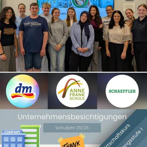 Schüler:innen mit Logos von dm, Anne-Frank-Schule und Schaeffler